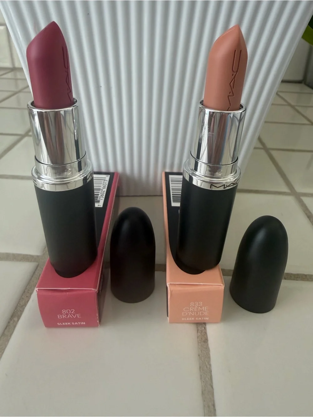 Bundle ,MAC Cosmetics Satin Lipstick Pair — 802-BRAVE-833-CRÈME D'NUDE